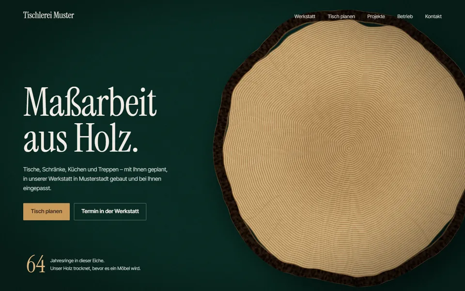 Startseite des Musterbetriebs Tischlerei am Computer