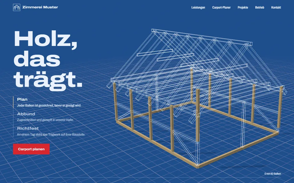 Startseite des Musterbetriebs Zimmerei & Holzbau am Computer