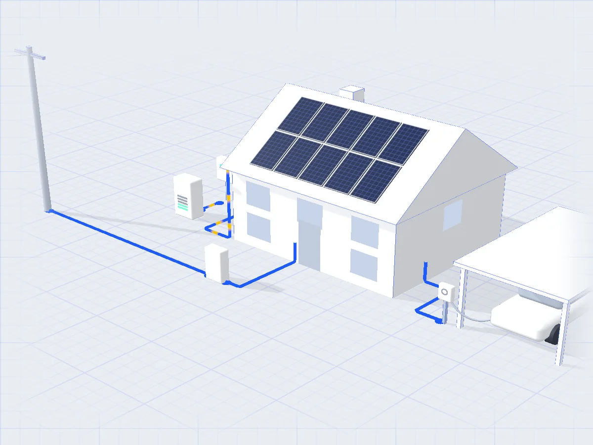 Haus mit Carport und Wallbox am Morgen
