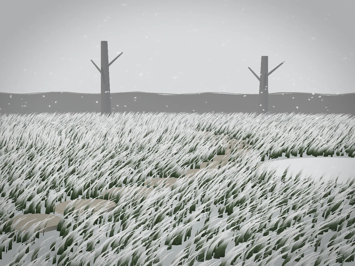 Garten im Winter mit Schnee und kahlen Bäumen