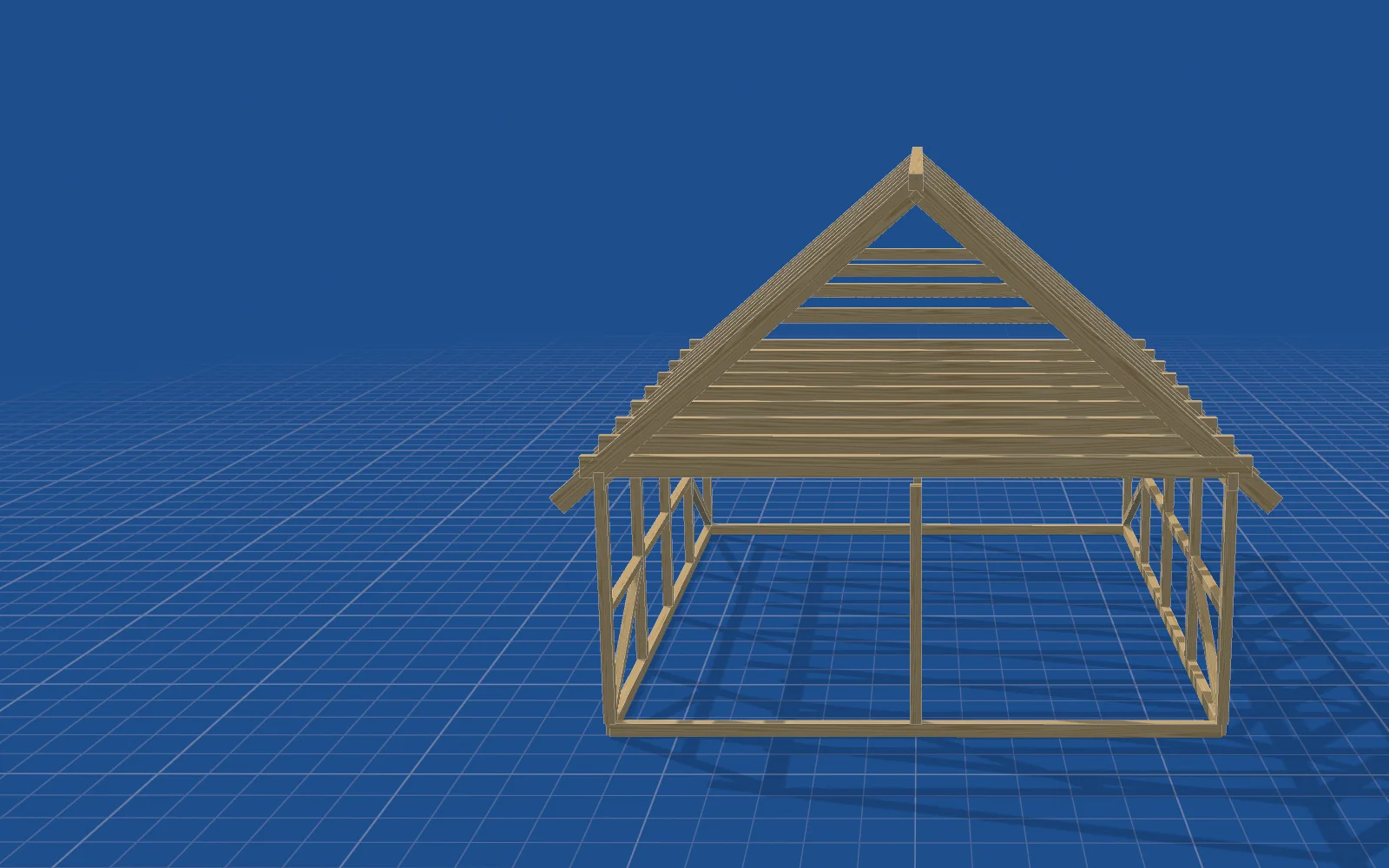 Dachstuhl aus Fichtenbalken über einer Grundplatte, als Plan und als Holz